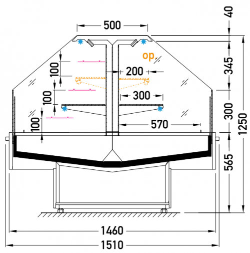 Dimensions bac îlot réfrigéré semi-vertical en location