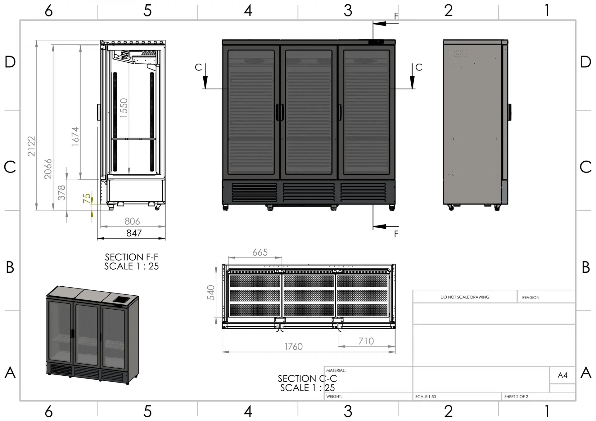 Dimensions vitrine verticale négative 3 portes en location